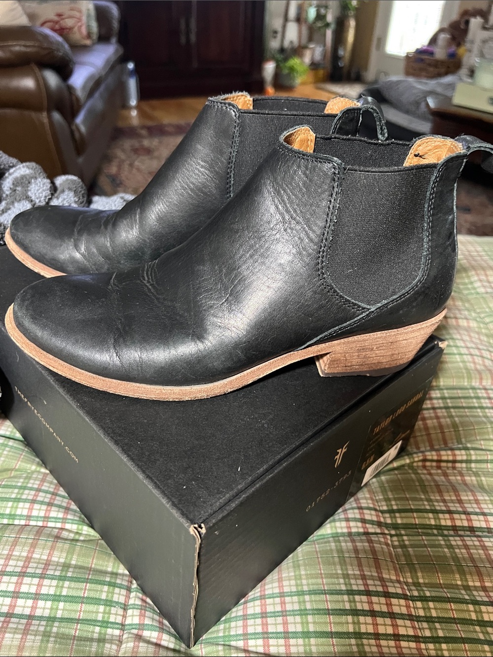 Frye Black Leather Chelsea Ankle Boots with Tan Stacked Heel